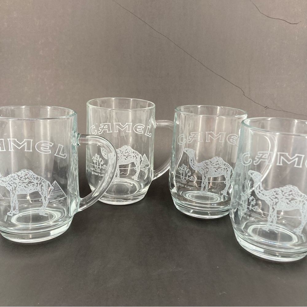 Vintage Classic Camel Beer Mugs Etched Glass 20 Oz RJRTC Cigarette Merch Set 4